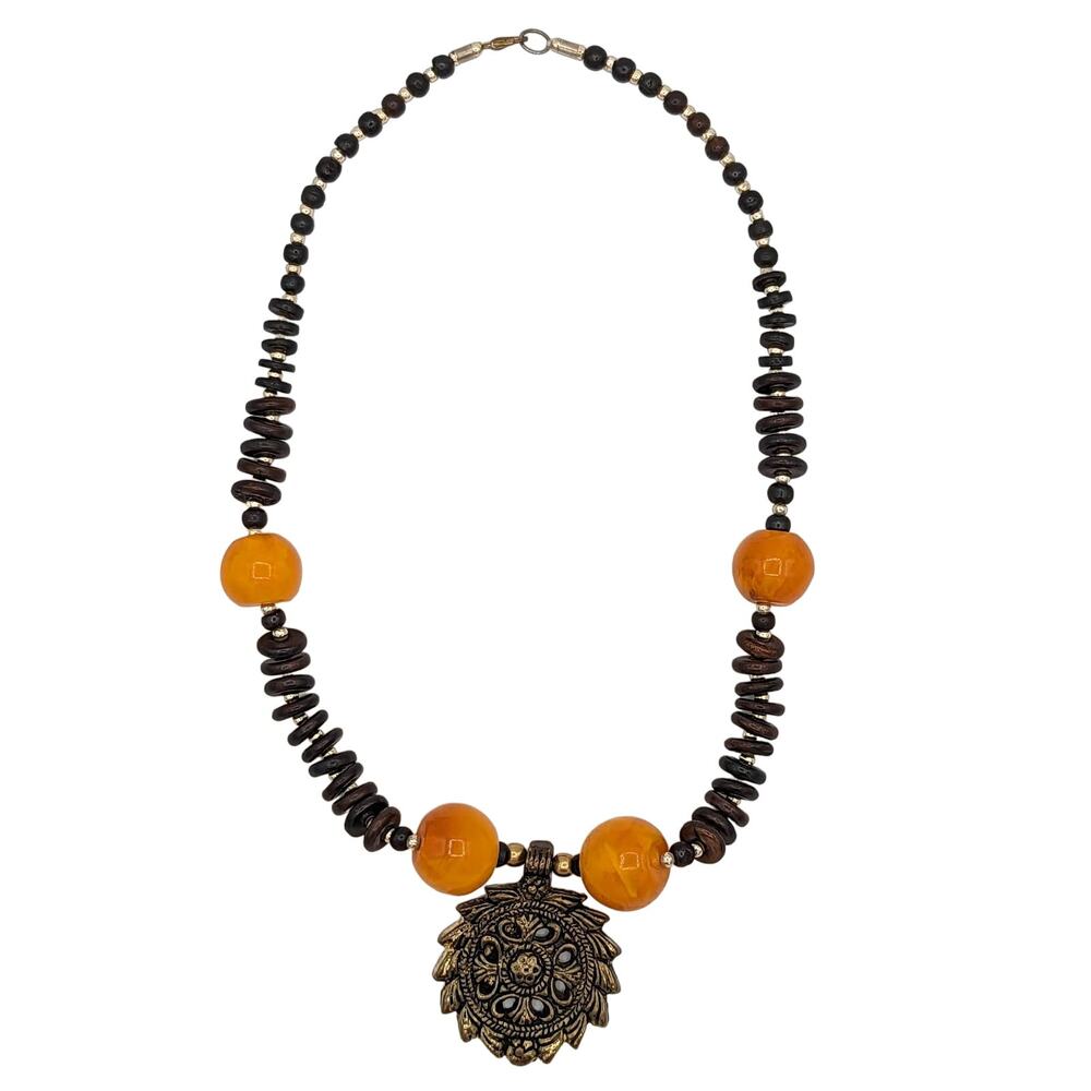 African Yellow Amber and Wood Bead Necklace w Gold Tone Spacers Medallion
